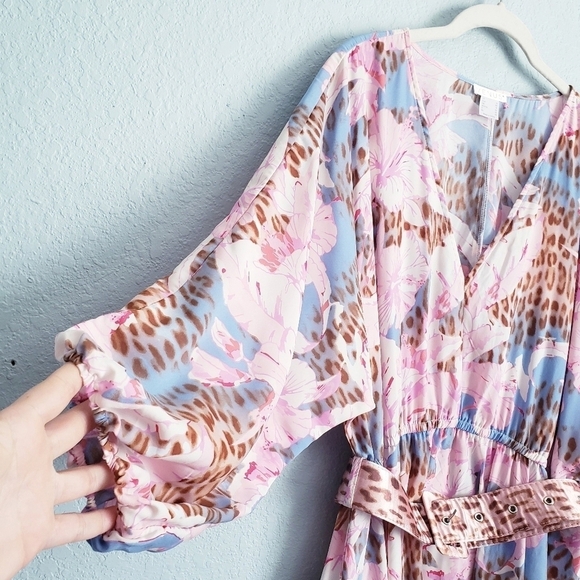Venus Pink And Blue Floral Leopard Print Long Sleeve Belted Dress - Picture 7 of 10